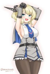 Rule 34 | 1girl, armpits, black gloves, black pantyhose, blonde hair, blue necktie, braid, breasts, capelet, colorado (kancolle), dated, dress, elbow gloves, garrison cap, gloves, green eyes, grey dress, grey hat, hat, headgear, kantai collection, large breasts, looking at viewer, masara (chuujou), necktie, open mouth, panties, panties under pantyhose, pantyhose, pleated dress, shirt, short hair, side braids, sideboob, simple background, sleeveless, smile, solo, twitter username, underwear, white background, white shirt