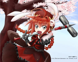 Rule 34 | 00s, 1girl, :d, ahoge, beret, black gloves, blush, cherry blossoms, collar, day, dress, eyebrows, gloves, graf eisen, grey eyes, hair intakes, hair ornament, hammer, hat, holding, holding weapon, looking at viewer, looking back, lyrical nanoha, mahou shoujo lyrical nanoha, mahou shoujo lyrical nanoha a&#039;s, mahou shoujo lyrical nanoha strikers, open mouth, outdoors, plant, puffy short sleeves, puffy sleeves, rabbit hair ornament, red dress, red hair, short sleeves, smile, solo, spikes, spring (season), tree, vita (nanoha), weapon