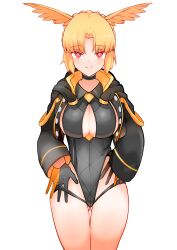 Rule 34 | 1girl, adjusting clothes, adjusting swimsuit, ass, black one-piece swimsuit, blonde hair, blush, breasts, cleavage, cleavage cutout, closed mouth, clothing cutout, commentary request, fate/grand order, fate (series), gloves, gluteal fold, head wings, highleg, highleg swimsuit, highres, jacket, large breasts, long sleeves, looking at viewer, one-piece swimsuit, red eyes, rindr (fate), short hair, simple background, smile, solo, swimsuit, thigh gap, thighs, valkyrie (fate), white background, wings, yoosai