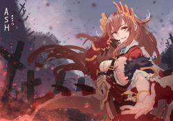 Rule 34 | 1girl, bracelet, brown hair, character request, commentary, english commentary, floating hair, from side, gloves, hand up, highres, huge filesize, jewelry, long hair, looking at viewer, parted lips, reaching, reaching towards viewer, red eyes, red gloves, runemill, sanpaku, shadowverse, sketch, smile, solo