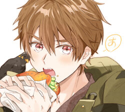 Rule 34 | 1boy, :o, bird, brown eyes, brown hair, burger, food, green jacket, h haluhalu415, holding, holding food, jacket, long sleeves, looking at viewer, luke pearce (tears of themis), male focus, open mouth, short hair, simple background, solo, tears of themis, upper body, white background