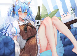 Rule 34 | 1girl, absurdres, ahoge, animal ear fluff, animal ears, bare legs, black bow, blue hair, blush, bottle, bow, brown dress, cat ears, closed mouth, commentary request, couch, dress, elf, feet out of frame, frilled dress, frills, hair between eyes, hair bow, heart, heart ahoge, highres, holding, holding bottle, hololive, inre kemomimi, knees together feet apart, long hair, looking at viewer, official alternate costume, on couch, plant, pointy ears, potted plant, puffy short sleeves, puffy sleeves, rabbit, sake bottle, short sleeves, sitting, smile, solo, two side up, virtual youtuber, yellow eyes, yukihana lamy, yukihana lamy (casual), yukimin (yukihana lamy)