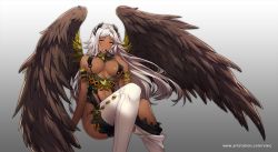 Rule 34 | 1girl, bracelet, breasts, copyright request, covered erect nipples, dark-skinned female, dark skin, gold trim, gradient background, hair ornament, jewelry, large breasts, long hair, looking at viewer, mouth hold, navel, official art, simple background, sitting, solo, teeth hold, thighhighs, very long hair, vixi c, watermark, web address, white hair, white thighhighs, wings, yellow eyes