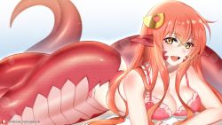 Rule 34 | 1girl, ass, bare arms, bare shoulders, bra, breasts, cleavage, curvy, fang, hair between eyes, hair ornament, hair over shoulder, hairclip, highres, lamia, large breasts, long hair, looking at viewer, lying, miia (monster musume), monster girl, monster musume no iru nichijou, open mouth, panties, pointy ears, red hair, scales, solo, tail, tofuubear, underwear, yellow eyes