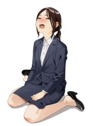 Rule 34 | 1girl, black footwear, black jacket, black skirt, black suit, brown hair, closed eyes, collared shirt, crying, formal, high heels, jacket, long sleeves, low ponytail, mattaku mousuke, office lady, open mouth, original, pencil skirt, seiza, shirt, simple background, sitting, skirt, solo, suit, tears, teeth, tongue, upper teeth only, white background, white shirt