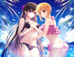 Rule 34 | 2girls, absurdres, ass, back, bad id, bad pixiv id, bare arms, bare shoulders, bikini, bird, black bikini, black ribbon, blue sky, blunt bangs, blurry, blurry background, bow, braid, breasts, butterfly hair ornament, cleavage, closed mouth, collarbone, commentary, cowboy shot, crown braid, day, depth of field, ecu8080, french braid, hair ornament, halterneck, highres, holding hands, huge filesize, interlocked fingers, leaning forward, long hair, looking at viewer, medium breasts, mismatched bikini, mountainous horizon, multicolored hair, multiple girls, navel, ocean, original, outdoors, pink bikini, pink bow, purple hair, red eyes, ribbon, short hair, side-tie bikini bottom, sidelocks, sky, smile, stomach, straight hair, striped, swimsuit, symbol-only commentary, two-tone hair, vertical stripes, very long hair, water, white bikini