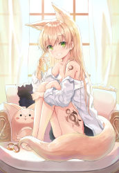 Rule 34 | 1girl, absurdres, animal ears, bad id, bad pixiv id, bare shoulders, barefoot, black skirt, blonde hair, breasts, curtains, dress shirt, earrings, extra ears, fox ears, fox girl, fox tail, green eyes, grin, highres, jewelry, kerno, knees up, long hair, looking at viewer, medium breasts, miniskirt, off shoulder, original, pillow, raised eyebrow, shirt, shoulder tattoo, sitting, skirt, smile, solo, tail, tattoo, thighs, white shirt