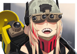 Rule 34 | 1girl, banana (girls&#039; frontline), blonde hair, blush, commentary, dated, girls&#039; frontline, goggles, grin, helmet, highres, kion-kun, long hair, m4 sopmod ii (girls&#039; frontline), m4 sopmod ii (mod3) (girls&#039; frontline), megaphone, meme, mod3 (girls&#039; frontline), multicolored hair, night-vision device, open mouth, red hair, smile, streaked hair, teeth, twitter username, upper body, upper teeth only, wide field of view device