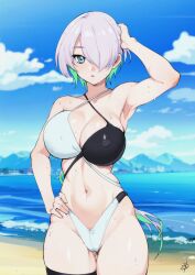 Rule 34 | 1girl, alternate costume, beach, bikini, black bikini, black thighhighs, blue eyes, breasts, brid (nikke), colored inner hair, day, delux drawings, gluteal fold, goddess of victory: nikke, green hair, grey hair, hand on head, hand on own hip, highres, large breasts, long hair, low-tied long hair, midriff, multicolored hair, navel, ocean, outdoors, sand, signature, solo, swimsuit, thigh gap, thighhighs, two-tone bikini, two-tone hair, water, wet, white bikini