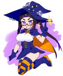 Rule 34 | 1girl, black hair, blue cape, blue gloves, blue skirt, boots, breasts, cannsk, cape, chloe rogil, commentary request, corset, full body, gloves, grin, hat, index finger raised, indie virtual youtuber, large breasts, miniskirt, multicolored hair, pleated skirt, purple eyes, purple hair, screw, sideboob, skirt, smile, solo, sparkle, striped clothes, striped thighhighs, thighhighs, twintails, two-sided cape, two-sided fabric, two-tone hair, v-shaped eyebrows, virtual youtuber, witch hat
