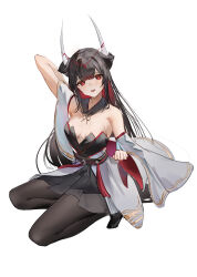 Rule 34 | 1girl, absurdres, arm behind head, arm up, azur lane, bare shoulders, black hair, black pantyhose, black sailor collar, black skirt, breasts, colored inner hair, detached collar, detached sleeves, flantia, hatsuzuki (azur lane), highres, horns, japanese clothes, medium breasts, multicolored hair, open mouth, pantyhose, pleated skirt, red eyes, red hair, sailor collar, simple background, skirt, smile, solo, white background, white sleeves, wide sleeves