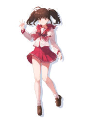 Rule 34 | 1girl, absurdres, bow, brown footwear, brown hair, closed mouth, commentary request, full body, gohan oni, highres, loafers, long hair, long sleeves, looking at viewer, miniskirt, pleated skirt, red sailor collar, red skirt, sailor collar, school uniform, serafuku, shirt, shoes, simple background, skirt, smile, socks, solo, to heart (series), to heart 2, twintails, white background, white shirt, white socks, yuzuhara konomi