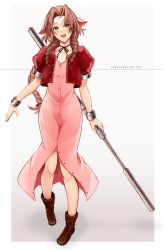 Rule 34 | 1girl, aerith gainsborough, boots, bracelet, braid, braided ponytail, brown hair, buttons, choker, cropped jacket, dress, final fantasy, final fantasy vii, full body, green eyes, hair ribbon, highres, holding, holding weapon, jacket, jewelry, open mouth, parted bangs, pink dress, pink ribbon, red jacket, ribbon, rogobo (rgb 0127), sidelocks, simple background, solo, square enix, staff, unbuttoned dress, weapon