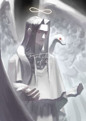 Rule 34 | 1boy, angel, angel wings, animal, animal on shoulder, chinese commentary, colored eyelashes, commentary request, english text, grey eyes, halo, highres, infinity symbol, long hair, looking down, lord of the mysteries, open arms, ouroboros (lord of the mysteries), red eyes, reptile, robe, signature, silver hair, siwenbailei649, snake, solo, white robe, wings