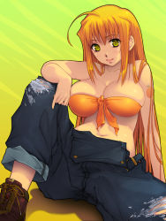 Rule 34 | 1girl, ahoge, bad id, bad pixiv id, bare shoulders, boots, breasts, cleavage, denim, front-tie top, green eyes, jeans, large breasts, long hair, navel, orange hair, original, overalls, pants, personification, shoes, soccer, solo, tattoo, torn clothes, torn jeans, torn pants, valencia cf, very long hair, yoko juusuke
