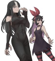 Rule 34 | 2girls, bare shoulders, black dress, black hair, black legwear, bracelet, breasts, dress, fangs, fingerless gloves, fingernails, gloves, highres, jewelry, jourd4n, large breasts, looking to the side, multiple girls, necklace, noss (rariatto), pantyhose, pointy ears, red eyes, red legwear, red ribbon, ribbon, sharp fingernails, small breasts, striped clothes, striped legwear, striped pantyhose, zakuro (rariatto)