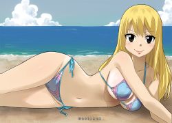 Rule 34 | 1girl, armpits, artist name, beach, bikini, blonde hair, blush, breasts, brown eyes, cleavage, collarbone, eyes visible through hair, fairy tail, gaston18, groin, hair between eyes, large breasts, long hair, looking at viewer, lucy heartfilia, lying, navel, on side, outstretched arms, sand, side-tie bikini bottom, sideboob, solo, stomach, stretching, swimsuit, underboob, water, watermark, wide hips