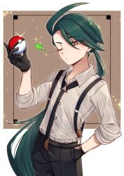 Rule 34 | 1girl, ahoge, black necktie, black pants, bright pupils, brown eyes, closed mouth, collared shirt, commentary request, creatures (company), earrings, game freak, glint, gloves, green hair, hand in pocket, hand up, heart, highres, holding, holding poke ball, jewelry, long hair, mocacoffee 1001, necktie, nintendo, one eye closed, pants, poke ball, poke ball (basic), pokemon, pokemon sv, ponytail, rika (pokemon), shirt, solo, suspenders, white pupils