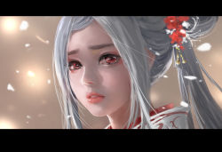 Rule 34 | alternate hairstyle, blurry, blurry background, close-up, flower, fujiwara no mokou, hair flower, hair ornament, hair rings, japanese clothes, jokanhiyou, kimono, letterboxed, light particles, lips, long hair, original, parted lips, ponytail, red eyes, red lips, sidelocks, solo, tears, upper body, white hair