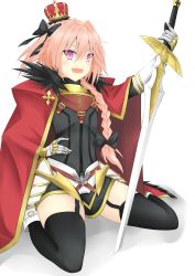 Rule 34 | 1boy, astolfo (fate), bad id, bad pixiv id, black thighhighs, blush, braid, cape, crown, fang, fate/apocrypha, fate/grand order, fate (series), garter straps, hair ribbon, hand on own hip, highres, long hair, looking at viewer, male focus, mini crown, open mouth, pink hair, purple eyes, ribbon, single braid, sitting, smile, solo, suiu shinotsuku, sword, thighhighs, trap, wariza, weapon