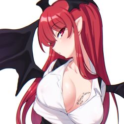 Rule 34 | 1girl, bat wings, black vest, black wings, blush, breast hold, breast tattoo, breasts, busujima funya, collared shirt, commentary, crossed arms, demon girl, demon wings, half-closed eyes, head tilt, head wings, koakuma, large breasts, leaning to the side, long hair, long sleeves, looking at viewer, low wings, one-hour drawing challenge, red eyes, red hair, shirt, simple background, solo, tattoo, touhou, twitter username, upper body, vest, white background, white shirt, wings