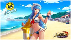Rule 34 | 1girl, blue hair, breasts, commentary, emmakof, english commentary, highres, kula diamond, long hair, looking at viewer, navel, open mouth, red eyes, smile, solo, swimsuit, the king of fighters, the king of fighters all-stars