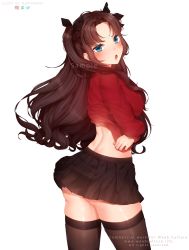 Rule 34 | 1girl, artist name, ass, black hair, black skirt, black thighhighs, blue eyes, breasts, clothes lift, commentary, commission, deviantart logo, fate/stay night, fate (series), highres, instagram logo, large breasts, long hair, long sleeves, looking at viewer, open mouth, puppypaww, ribbon, sample watermark, shirt lift, simple background, skirt, solo, thighhighs, tohsaka rin, twitter logo, two side up, watermark, web address, white background