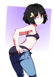 Rule 34 | 1girl, :i, animification, ass, black bra, black hair, black panties, blue eyes, blue pants, blush, border, bra, breasts, butterfly hair ornament, child, clothes pull, commentary request, cowboy shot, denim, detention (series), gradient background, hair ornament, half-closed eyes, highres, jcm2, jeans, light particles, looking at viewer, looking back, looking down, no shirt, outside border, panties, pants, pants pull, pulling own clothes, shareena wickett, short hair, simple background, small breasts, smile, solo, standing, underwear, undressing, white border