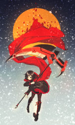 Rule 34 | 1girl, absurdres, black dress, black eyes, black hair, boots, cape, dress, full body, full moon, highres, moon, p e c o r a, pantyhose, petals, polearm, red scarf, rose petals, ruby rose, rwby, scarf, scythe, short hair, skirt, solo, standing, weapon