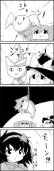 Rule 34 | 1girl, 4koma, bow, bucket, cirno, comic, commentary request, empty eyes, greyscale, hair bobbles, hair bow, hair ornament, hanging, hat, hat bow, highres, ice, ice wings, in bucket, in container, kirisame marisa, kisume, leaf hair ornament, monochrome, rope, shaded face, smile, tani takeshi, teruterubouzu, touhou, translation request, twintails, wings, witch hat, wooden bucket, yasaka kanako, yukkuri shiteitte ne
