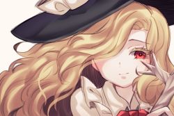 Rule 34 | 1girl, black hat, blonde hair, bow, bowtie, closed mouth, colored eyelashes, commentary request, cross, eyelashes, fedora, frilled shirt collar, frills, happy, hat, highres, holding, holding cross, jacket girl (dipp), long hair, long sleeves, looking at viewer, one eye covered, red bow, red bowtie, red eyes, shirt, simple background, smile, solo, touhou, upper body, very long hair, wavy hair, white background, white shirt, yuka yukiusa