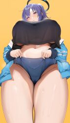 Rule 34 | 1girl, absurdres, black shirt, blue archive, blue buruma, blue jacket, blush, breasts, buruma, cameltoe, chomikuplus, cleft of venus, from below, gym shirt, gym uniform, halo, highres, huge breasts, jacket, long hair, looking at viewer, navel, official alternate costume, ponytail, purple eyes, purple hair, see-through, shirt, short sleeves, simple background, solo, star sticker, sticker, sticker on face, sweat, thighs, track jacket, yuuka (blue archive), yuuka (track) (blue archive)