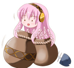 Rule 34 | :d, blush, clenched hand, headphones, jar, megurine luka, motion lines, no humans, open mouth, pink hair, smile, solid circle eyes, takoluka, tentacle hair, vase, vocaloid, x x