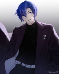Rule 34 | 1boy, absurdres, belt, black shirt, blue eyes, blue hair, coat, commentary request, cowboy shot, gradient background, highres, kaito (vocaloid), lapel pin, lapels, looking at viewer, male focus, notched lapels, parang 99, shirt, short hair, smile, solo, teeth, turtleneck, twitter username, vocaloid, white belt