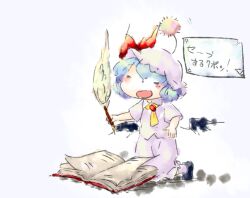 Rule 34 | 1girl, = =, blue hair, blush stickers, book, bow, closed eyes, commentary, holding, holding pen, open book, open mouth, pen, red bow, remilia scarlet, short hair, short sleeves, simple background, sitting, solo, symbol-only commentary, touhou, translation request, white background, wings, yaise