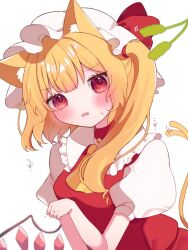 Rule 34 | 1girl, animal ears, ascot, blonde hair, blush, cat ears, cat girl, cat tail, crystal wings, flandre scarlet, frills, hat, hat ribbon, looking at viewer, medium hair, mob cap, open mouth, puffy short sleeves, puffy sleeves, red ribbon, ribbon, short sleeves, side ponytail, simple background, siomi 403, solo, sweat, tail, touhou, upper body, white background, yellow ascot