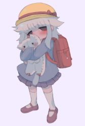 Rule 34 | 1girl, backpack, bad id, bad pixiv id, bag, blue background, blue sweater, blush, bow, brown eyes, brown footwear, child, crossed arms, female focus, flat chest, full body, half-closed eyes, hat, hat bow, highres, holding, holding stuffed toy, hugging doll, hugging object, idoru, kneehighs, long hair, long sleeves, looking at viewer, miniskirt, open mouth, original, pleated skirt, purple skirt, randoseru, red bow, sad, shoes, sidelocks, simple background, skirt, socks, solo, standing, stuffed animal, stuffed cat, stuffed toy, sweater, tears, white hair, white socks, x x, yellow hat