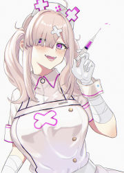 Rule 34 | 0-toki, 1girl, ahoge, apron, bandages, blush, breasts, buttons, chromatic aberration, commentary, dress, gloves, hair ornament, hair over one eye, hat, highres, holding, holding syringe, large breasts, long hair, looking at viewer, mole, mole under eye, nijisanji, nurse, nurse cap, open mouth, purple eyes, sharp teeth, silver hair, simple background, smile, solo, sukoya kana, syringe, teeth, twintails, upper body, virtual youtuber, white apron, white background, white dress, white gloves, white hat, wrist cuffs, x hair ornament