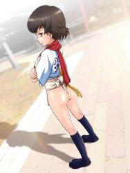 Rule 34 | 1girl, ass, blush, breasts, brown eyes, brown hair, caesar (girls und panzer), closed mouth, crossed arms, full body, fundoshi, girls und panzer, highres, hiyama yuu (wee259hiyama), japanese clothes, looking at viewer, mizu happi, outdoors, red scarf, scarf, shiny skin, short hair, signature, small breasts, smile, solo, standing