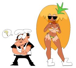Rule 34 | 1boy, 1girl, :3, ?, bikini, black hair, blonde hair, breast suppress, breasts, chef hat, commentary request, facial hair, food-themed clothes, hair ornament, hat, large breasts, looking at another, multicolored hair, mustache, navel, neamosub, oekaki, orange hair, peppino spaghetti, personification, pineapple toppin (pizza tower), pizza tower, raised eyebrow, shoes, short hair, simple background, sneakers, spoken question mark, sunglasses, swimsuit, tan, tanline, thinking, two-tone hair, white background, white footwear