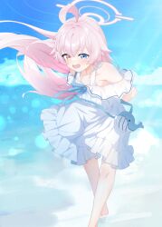 Rule 34 | 1girl, ahoge, arms behind back, bare legs, bare shoulders, barefoot, blue archive, blue eyes, blurry, blush, bokeh, depth of field, dress, fang, floating hair, halo, heterochromia, highres, hoshino (blue archive), long hair, open mouth, outdoors, pink hair, shallow water, sky, sleeveless, sleeveless dress, smile, solo, u9ffo, very long hair, wading, walking, water, white dress