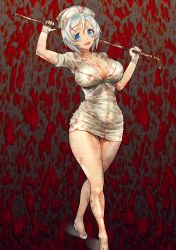 Rule 34 | .live, 1girl, :d, bad anatomy, blood, blood on clothes, breasts, bubble head nurse, bubble head nurse (cosplay), cleavage, cosplay, dokiyuri, female focus, full body, gloves, hair ornament, hat, highres, holding, holding weapon, large breasts, looking at viewer, open mouth, silent hill, silent hill (series), dennou shoujo siro, smile, solo, standing, thick thighs, thighs, virtual youtuber, weapon, white footwear, white gloves, white hair, white hat, x hair ornament