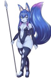 Rule 34 | 1girl, animal ear fluff, animal ears, bare shoulders, blue eyes, blue footwear, blue gloves, blue hair, blue skin, blue thighhighs, breasts, bridal gauntlets, center opening, choker, collarbone, colored skin, commentary, elbow gloves, expressionless, facial mark, fang, fox ears, fox tail, full body, gloves, gradient hair, hair between eyes, high heels, highleg, highres, holding, holding staff, ice queen (monster girl encyclopedia), kemonomimi mode, long hair, looking at viewer, medium breasts, monster girl encyclopedia, multicolored hair, nav (itsnav), navel, parted lips, purple hair, shoes, sidelocks, simple background, skindentation, solo, staff, tail, thighhighs, white background, wide hips