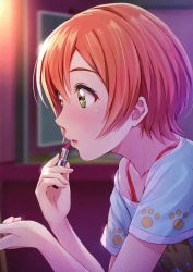 Rule 34 | 1girl, absurdres, blurry, blurry background, blush, collarbone, cosmetics, from side, green eyes, hair between eyes, highres, hoshizora rin, lipstick tube, love live!, love live! school idol project, open mouth, orange hair, outdoors, print shirt, shamakho, shirt, short hair, short sleeves, solo, upper body, white shirt