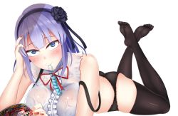 Rule 34 | 10s, 1girl, ass, black flower, black panties, black ribbon, black rose, black thighhighs, blue eyes, blush, bow, breasts, center frills, crossed ankles, dagashi kashi, eyebrows, flower, food in mouth, frills, hair flower, hair ornament, hair ribbon, hairband, hand on own head, highres, large breasts, looking at viewer, lying, magazine (object), mouth hold, nail polish, neck ribbon, no pants, no shoes, on floor, on stomach, otono fei, panties, purple hair, red nails, red ribbon, ribbon, ringed eyes, rose, see-through, shidare hotaru, shirt, short hair, simple background, sleeveless, sliding doors, smile, soles, solo, strap slip, suspenders, sweat, the pose, thighhighs, underwear, wet, white background, white shirt