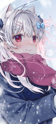 Rule 34 | 1girl, animal ear fluff, animal ears, blue bow, blue jacket, blush, bow, closed mouth, commentary request, enpera, fringe trim, grey hair, hair bow, hair ornament, hairclip, highres, jacket, long hair, long sleeves, looking at viewer, natsume eri, original, pink hair, red eyes, red scarf, scarf, smile, snowing, solo, upper body
