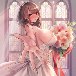 Rule 34 | 1girl, amane ruri, back bow, bare shoulders, blush, bouquet, bow, breasts, bridal veil, brown eyes, brown hair, closed mouth, commentary request, dress, earrings, flower, foreshortening, gem, highres, holding, holding bouquet, huge breasts, indoors, jewelry, large breasts, light rays, looking at viewer, original, outstretched arm, palms, pearl (gemstone), ribbon, rose, sideboob, smile, solo, sparkle, strapless, strapless dress, sunbeam, sunlight, twisted torso, veil, wedding dress, white dress, window