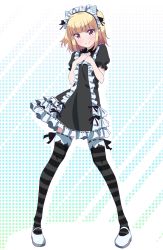 Rule 34 | 1girl, animal ears, black dress, black ribbon, black thighhighs, blonde hair, blush, cat ears, contrapposto, dress, fake animal ears, frilled dress, frilled thighhighs, frills, full body, hair ribbon, highres, iijima yun, long hair, looking at viewer, maid headdress, makicha (sasurainopink), mary janes, new game!, own hands together, red eyes, ribbon, ribbon-trimmed dress, ribbon-trimmed legwear, ribbon trim, shoes, short dress, short sleeves, smile, solo, standing, striped clothes, striped thighhighs, thighhighs, twintails, two side up, white footwear