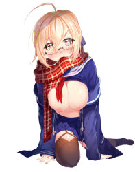 Rule 34 | 1girl, ahoge, artoria pendragon (fate), bad id, bad pixiv id, black thighhighs, blonde hair, blush, breasts, cleavage, clothes lift, fate/grand order, fate (series), glasses, large breasts, long sleeves, looking at viewer, mysterious heroine x alter (fate), mysterious heroine x alter (first ascension) (fate), nipples, no bra, ratio (ratio-d), red scarf, scarf, school uniform, seiza, semi-rimless eyewear, serafuku, shirt lift, short hair, sitting, solo, thighhighs, yellow eyes