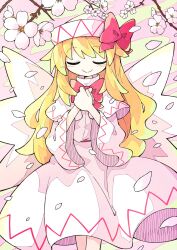 Rule 34 | 1girl, asameshi, blonde hair, blush, bow, bowtie, branch, capelet, cherry blossoms, closed eyes, dress, facing viewer, falling petals, feet out of frame, flower, hands up, hat, hat bow, high collar, highres, lily white, long hair, own hands clasped, own hands together, petals, pink background, red bow, red bowtie, smile, solo, touhou, white capelet, white dress, white hat, wide sleeves, wings, yellow background